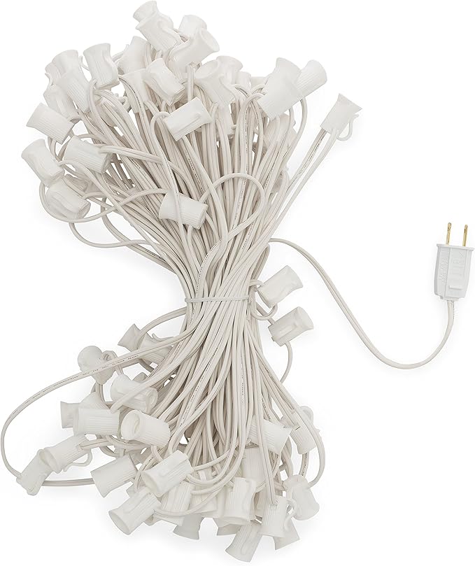 HLO Lighting C7 Light Strings | 50' White Cord with 12 Socket Spacing E12 Light Stringer for C7 Christmas Lights