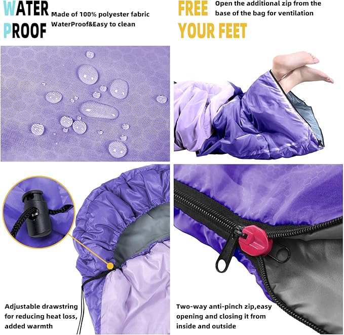 Sleeping Bag for Adults Girls Boys - 3 Season Warm &amp Cool Weather Lightweight Waterproof Camping Bag for Hiking Outdoor Travel