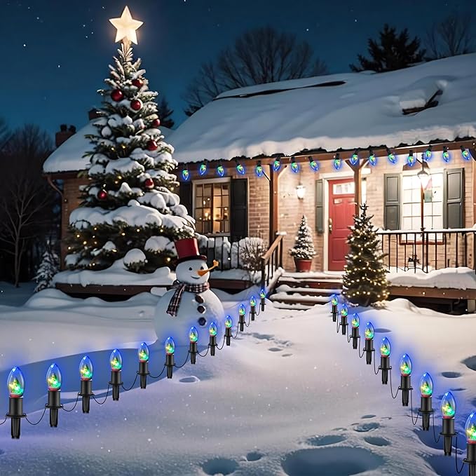C9 Christmas Pathway String Lights with 20 Christmas Tree Light Bulb Decor- 24.5ft LED Christmas Path Marker Light with 20 Stakes Connectable Outdoor Walkway Lights for Xmas Lawn Yard Garden(20 Light)