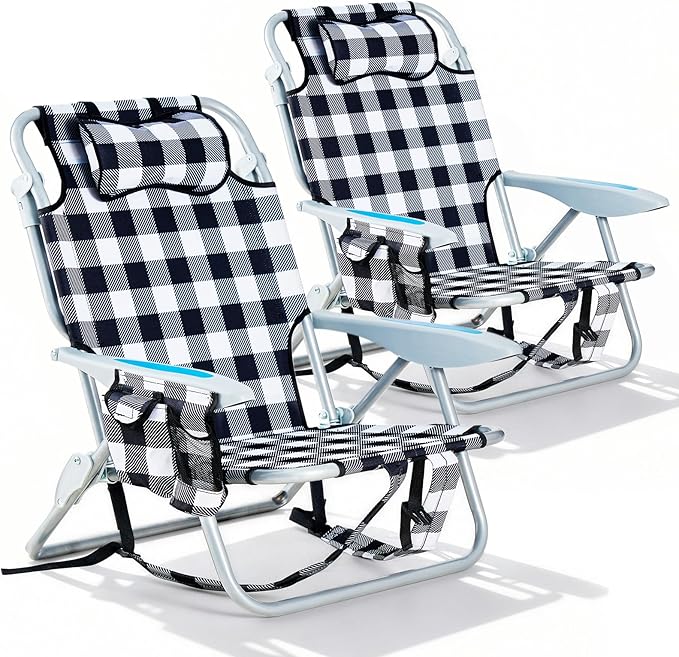2 Pack Lightweight Portable Camping Beach Chair for Adults Outdoor Lay Flat Folding Beach Chairs with 5 Positions Backpack Beach Chair with Towel Bar Zipper Pouch Cup Holder Plaid