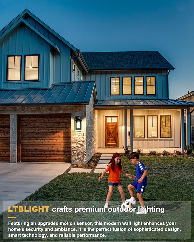 LTBLIGHT Motion Sensor Outdoor Wall Light 4-Modes Black Dusk to Dawn Lighting Fixture Waterproof Exterior Wall Mount Porch Lights for House Entry Backyard Patio 120V