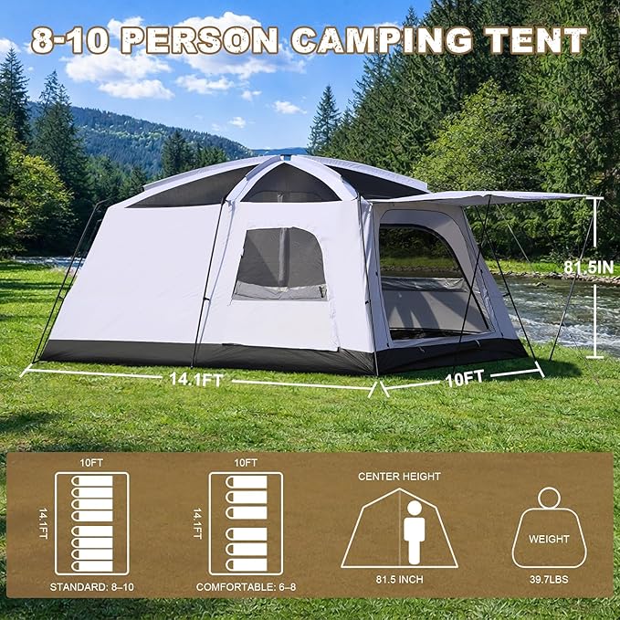 4-6 Person Camping Tent Large Family Cabin Tents with Porch &amp Rainfly Double Layer Waterproof Glamping Tent with 2 Rooms 2 Doors Portable Big Tents for Outdoor Camping Hiking Party