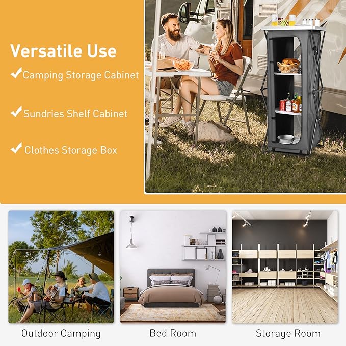 Goplus Folding Camping Storage Cabinet Pop Up Outdoor Camping Kitchen Station with Large 3-Tier Storage Organizer Carry Bag Easy Set Up Portable Compact Camping Table for BBQ Picnic Backyard (55'')