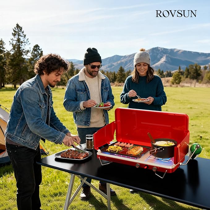 ROVSUN 2-in-1 Portable Camping Stove &amp Propane Grill with Enamel Griddle &amp Piezo Igniter Tabletop Camp Stove with Built-in Handle Wind Panel &amp Regulator for Camping Tailgating Grilling
