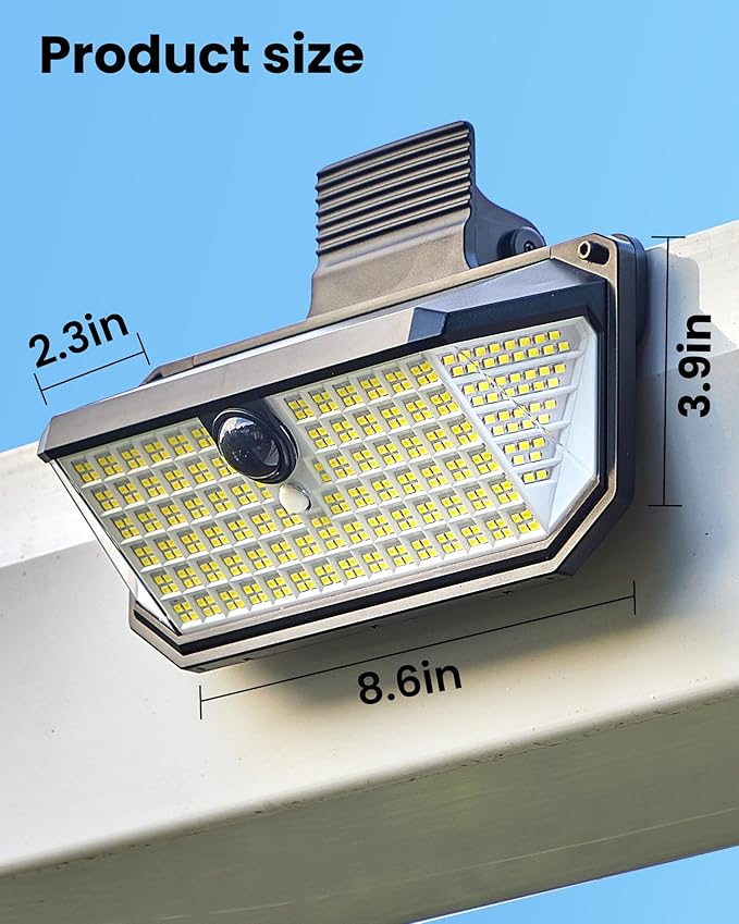 416LEDs Clip on Solar Lights Outdoor1-Second Install Solar Flood Lights300° Wide Angle &amp 3 Lighting Modes Motion Sensor Outdoor Light for Patio Fence Yard Deck Garage (1)