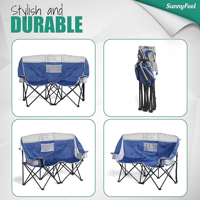 SUNNYFEEL Folding Double Camping Chair Oversized Loveseat Chair Heavy Duty Portable/Foldable Lawn Chair with Storage for Outside/Outdoor/Travel/Picnic Fold Up Camp Chairs for Adults 2 People