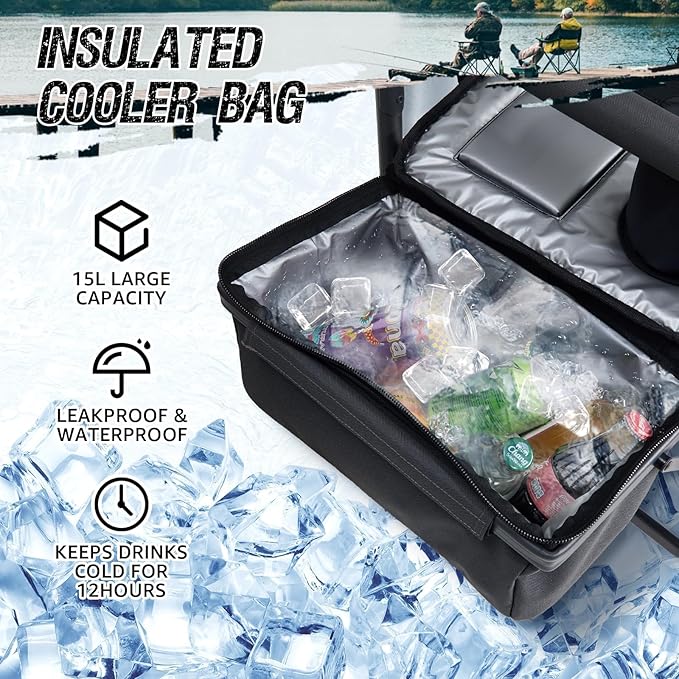 X Strike Fishing Chairs with Rod Holder Folding Ice Fishing Chair for Adults Outdoor Camping Chair Leg Adjustable with Cooler Bag and Storage Bag for Camp Lawn Patio Garden (Black)