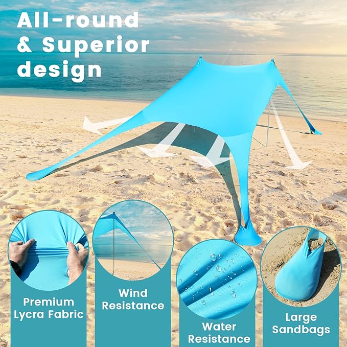 Beach Tent - 9.8 * 6.5 FT Beach Canopy Portable Beach Tent Sun Shelter UPF50 with 4 Sandbags 2 Stability Poles Ground Pegs and Anti-Wind Ropes Outdoor Beach Shade Canopy for Camping Sky Blue