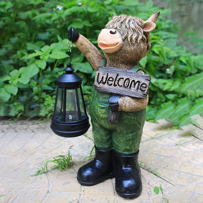 Solar Garden Decor Statues: Handmade Resin Statue with LED LightHighland Cow Figurine Outdoor Garden Decor Unique Gifts for Women Mom Grandma (Green cow1)