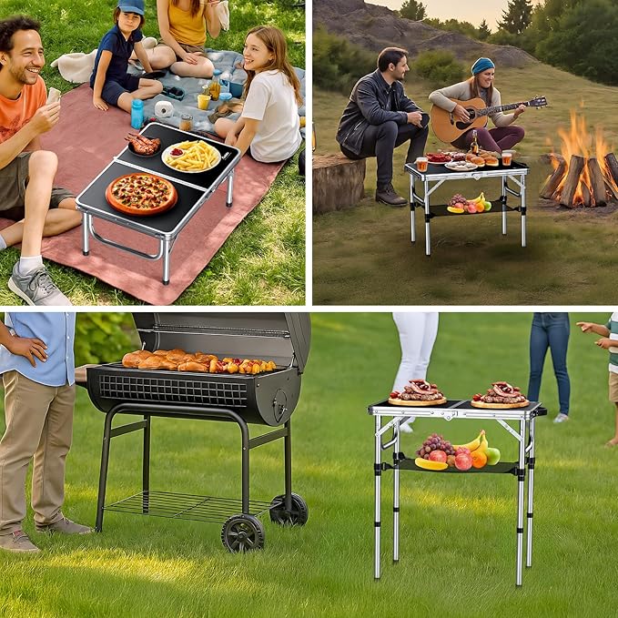Anbte 2ft Folding Camping Table with Storage Net 3 Adjustable Heights Small Folding Table Portable &amp Lightweight with Carry Handle for Camping Fishing Picnic Beach Outdoor 22.8x 15.7 Silver
