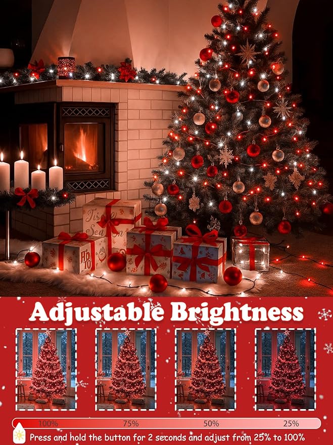 2-Pack 66FT 200 LED Christmas Lights 13 Modes Extendable Christmas Tree Lights with Timer &amp Memory Waterproof Twinkle Fairy Lights Green Wire Outdoor String Lights Indoor for Xmas Tree (Red Whit