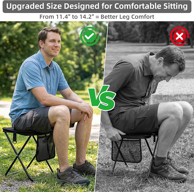 Portable Folding Camp Stool with Side Pocket Taller Foldable Camping Stool for Adults Metal Backpacking Stool Lightweight Mini Folding Chair Compact Camping Seat Travel Fishing Hiking Mobile Chair
