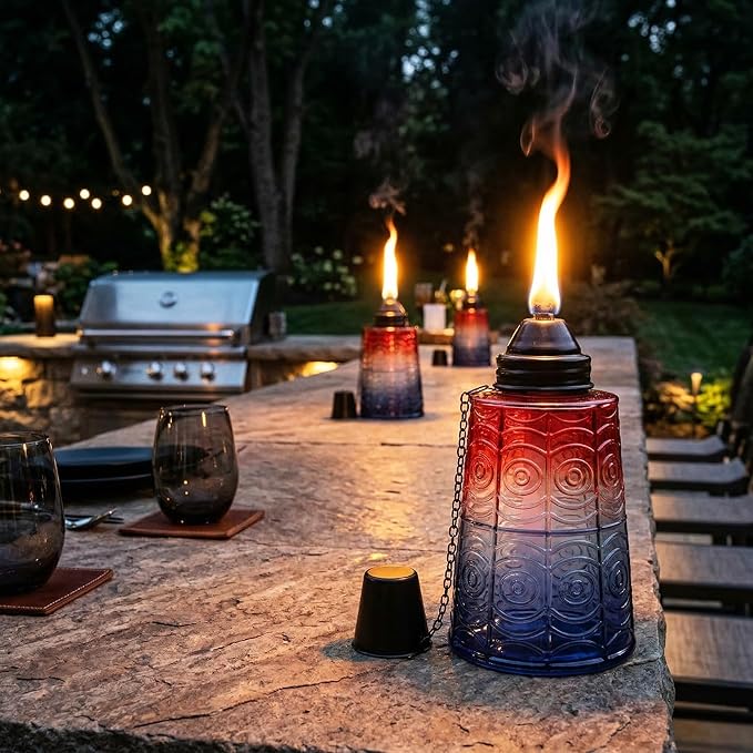 Seraphic Citronella Table Top Torches for Outdoor Patio 16oz Decorative Glass Torch Citronella Candles for Outside Deck Garden Parties Set of 3 Red/White/Blue
