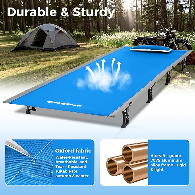 KingCamp Ultralight Camping Cot Portable Folding Tent Camping Cot 265 Lbs Heavy Duty Sleeping Cot with Pillow for Adults Outdoor Backpacking Travel Hiking Blue