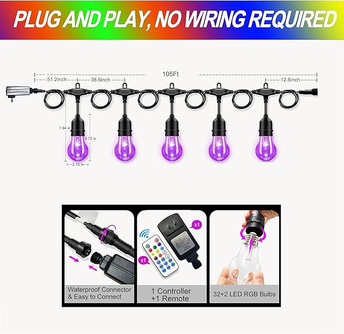 105FT Solar Outdoor String Lights 32 Shatterproof E26 Edison LED Bulbs Dimmable RGB Color Changing Patio Lights Waterproof with Remote. for Backyard Garden Party Bistro Cafe