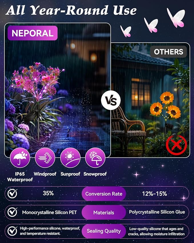 Neporal Solar Garden Lights 6PK Purple Phalaenopsis Solar Flowers Outdoor Waterproof Solar Lights Decorative for GardenYard Decor Outdoor Decor