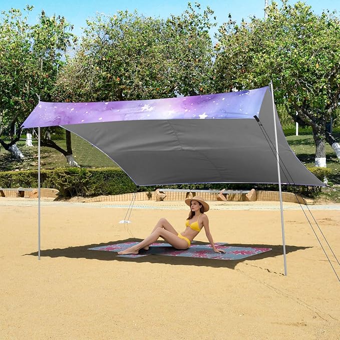 Bolaz Beach Canopy Tent Sun Shade9'×10.5' Large Family Beach Shade UPF50+- Outdoor Shade for Camping Trips FishingBlue Purple Watercolor Stars Pattern