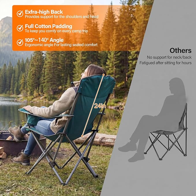 2 Pack Camping ChairsOversized Folding Lawn Chairs for Adults w/3 Levels Adjustable Angled BackrestCup HoldersCooler BagHeavy Duty Camp Chair Support to 400lbsPortable for Outdoor