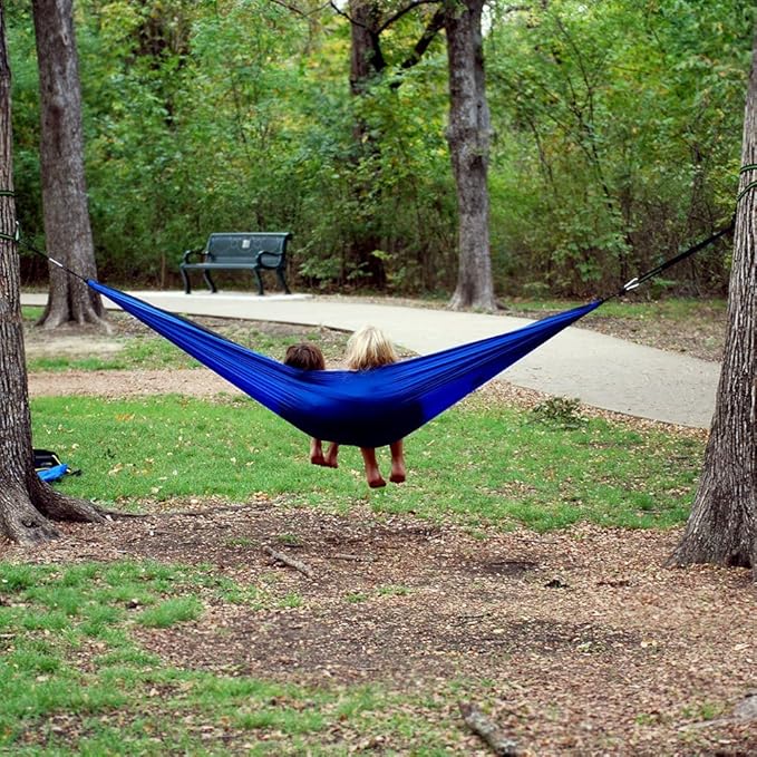Oak Creek Lost Valley Camping Hammock. Bundle Includes Mosquito Net Rain Fly Tree Straps Compression Sack. Weighs Four Pounds Perfect for Camping. Lightweight Nylon Single Hammock. Blue and Gray