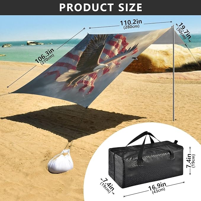 ALAZA Flying Bald Eagle American Flag Beach Tent Sun Shelter UPF50+ Protection Beach Shade Canopy w/ 4 Sandbags for Outdoor Camping Fishing Backyard Fun Picnic 10x9 ft