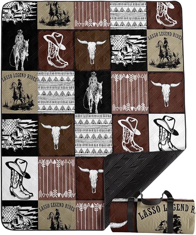 Outdoor Picnic BlanketPortable Sandproof Waterproof Picnic MatWest Cowboys Printed Camping Beach Mat for Sand and Wet Grass Hiking (Western Cowboy L)