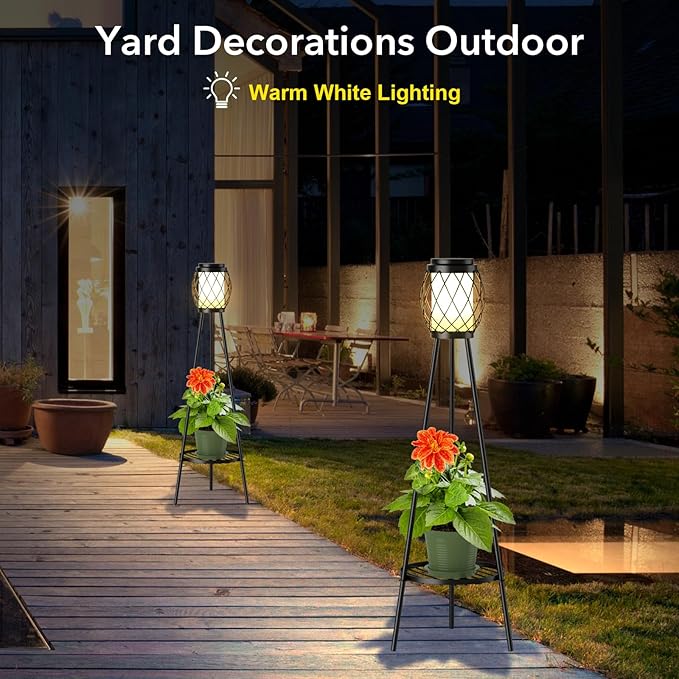 MXwcy Solar Lights Outdoor with Plant Stands 2 Pack Solar Floor Lamp Metal Tripod Patio Lights for Garden Yard Pathway Driveway Front/Back Porch Decoration