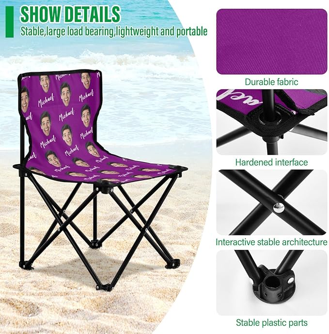 Sinestour Purple Custom Photo Folding Camping Chair for Teen Child Personalized Name 14.6×14.6in Portable Outdoor Chair with Carry Bag for Picnic Lawn Travel