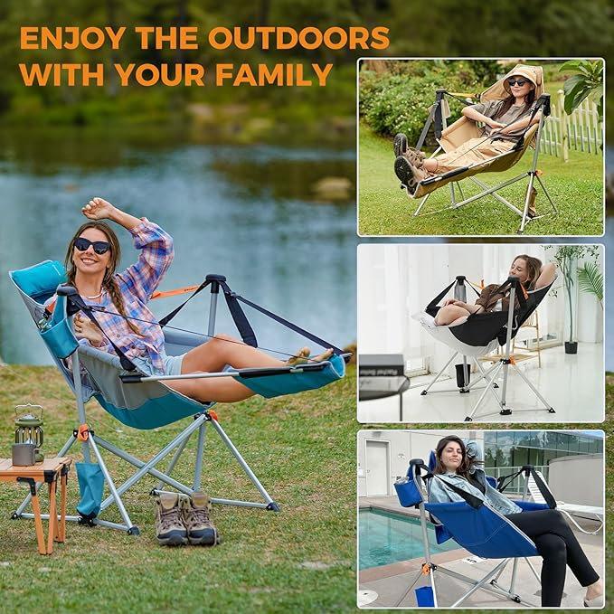 KingCamp Hammock Chair with Footrest – Heavy Duty Swinging Rocking Camping Chairs for Adults up to 400lbs Folding Portable Oversized Rocker with Cup Holder &amp Pillow for Outdoor Beach Lawn RV Spor