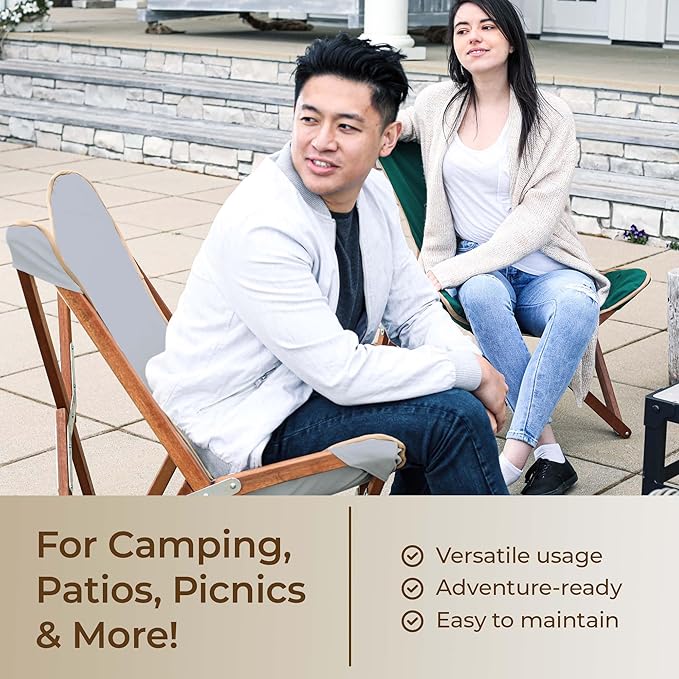 BYER OF MAINE Pangean Butterfly Chair Easy-Fold Hardwood Sling Chair – Portable Beach Camping &amp Patio Seat – 34″H × 23″W × 27″D in Granite