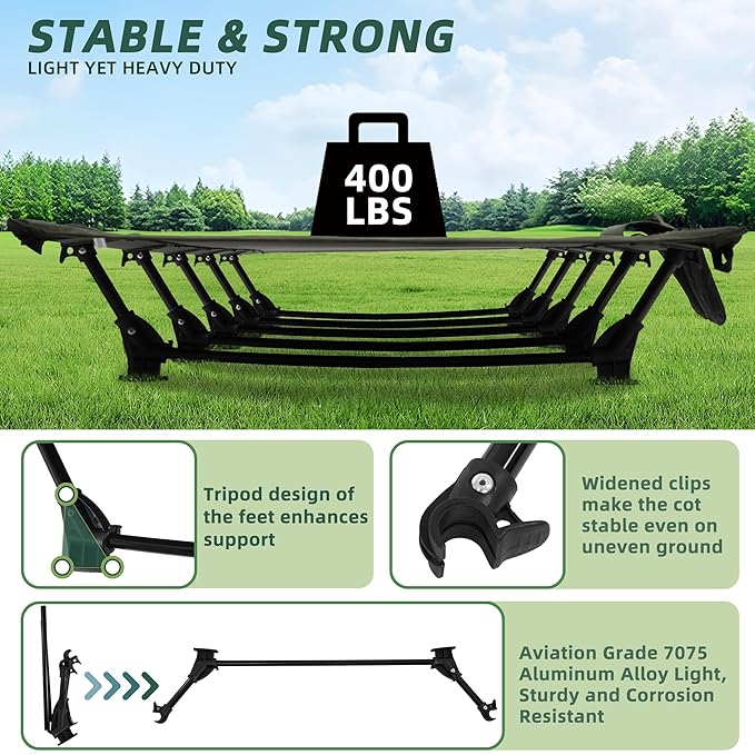 Elevon Camping Cot 28 Extra Wide Sleeping Cot Portable Folding Tent Camping Bed Compact for Outdoor Travel Base Camp Hiking Mountaineering Lightweight Backpacking 400lb Capacity