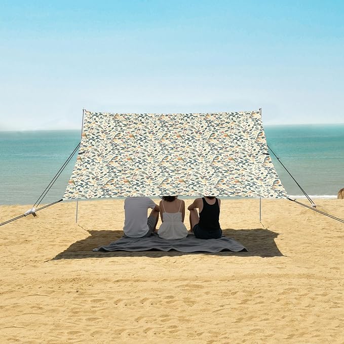 ALAZA Vintage Birds Leaves Beach Tent Sun Shelter UPF50+ Protection Beach Shade Canopy w/ 4 Sandbags for Outdoor Camping Fishing Backyard Fun Picnic 10x9 ft