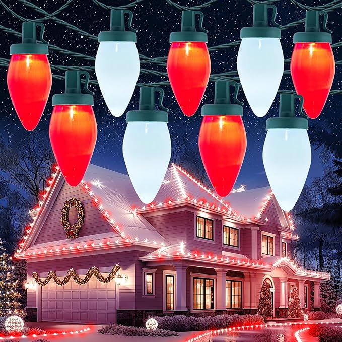 Moonflor C9 LED Christmas Lights Outdoor 100ft Feet 100 LED Strawberry String Lights with 50 Spring Clamps Waterproof Commercial Grade Extendable for Indoor OutdoorRed and Pure White