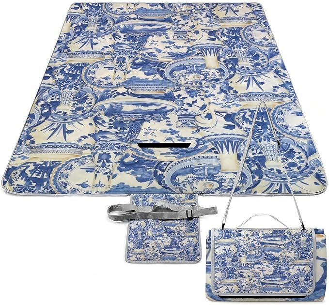Blue and White Folk Chinese Chinoiserie Style Waterproof Outdoor Picnic Blanket Sandproof Beach Mat for Camping Hiking Grass Travelling