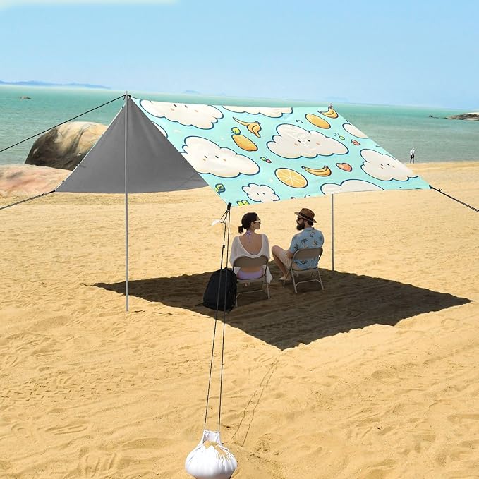 Cartoon Clouds Simple Strokes of Fruits Seamless Image Camping Sun Shelter Beach Tent Portable Beach Sun Shade Outdoor Canopy for Camping Trips Fishing Picnic