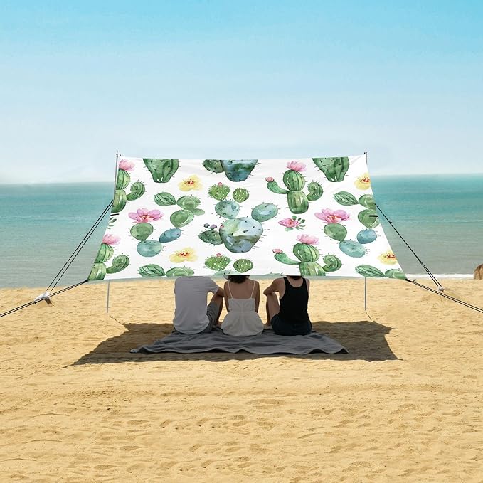 Cute Cactus Beach Tent Sun Shelter 9.2' x 10.5' Beach Canopy with 4 Sandbags 4 Stability Poles Sand Shovels - Tent Canopy for Beach Camping Fishing Picnics