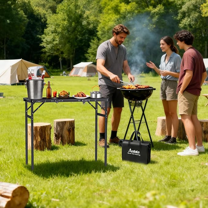 Anbte 3ft Tri-fold Grill Table 2 Adjustable Heights Max 29.5 Sturdy Metal Grill Table with Storage Bag Heat-Resistant Tabletop Portable Handle for Cooking BBQ Outdoor Travel 35 x 16 Black