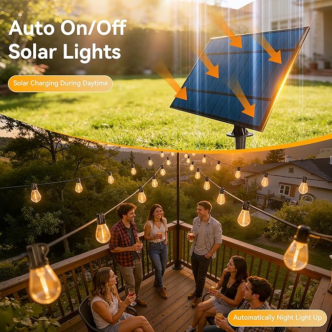 Ollny S11 50FT Solar String Lights Outdoor with Remote Waterproof Dimmable Patio Lights with Timer &amp 3 Lighting Modes 16 Shatterproof Edison Bulbs String Lights for Outside Backyard Party Décor