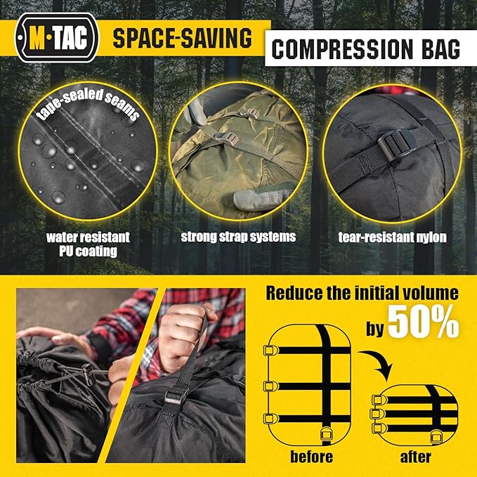 M-Tac Compression Stuff Sack + 40 Inch Bungee Cords (Set of 2) – Military Waterproof Compression Bag with Elastic Ropes and Durable Metal Hooks for Sleeping Bag Travel Camping Hiking Outdoor Gear