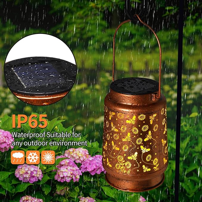 Solar Lanterns Outdoor Waterproof Bee Garden Decor Gifts for Women Mom Grandma Hanging Solar Lights Metal Solar Decoration Outside for YardPatioBackyardPorch