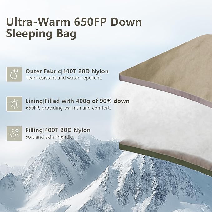 BISINNA Down Sleeping Bag for Adults 650FP Ultralught Wearable 3 Season Backpacking Sleeping Bags Muti-Use Outdoor Packable Sleeping Bag with Compression Sack for Hiking Travel