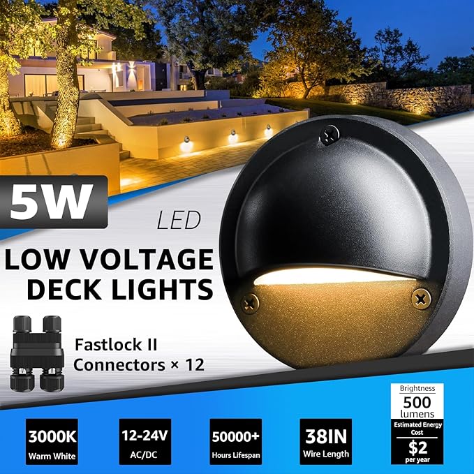 SUNVIE 5W LED Low Voltage Deck Lights with Fastlock2 Wire Connectors 12-24V AC/DC Low Voltage Landscape Lighting 3000K Warm White Step Lights Outdoor IP65 Waterproof for Deck Steps Fence Post 12 Pack