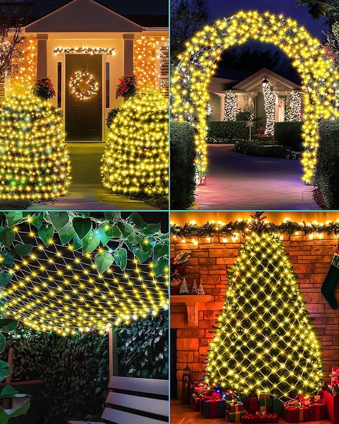 Coroor Christmas Net Lights 12ft x 5ft 360 LED Outdoor Mesh Lights with 8 Modes Waterproof Bush String Lights for Home Garden Yard Xmas Decorations Connecable Timer (Warm White)