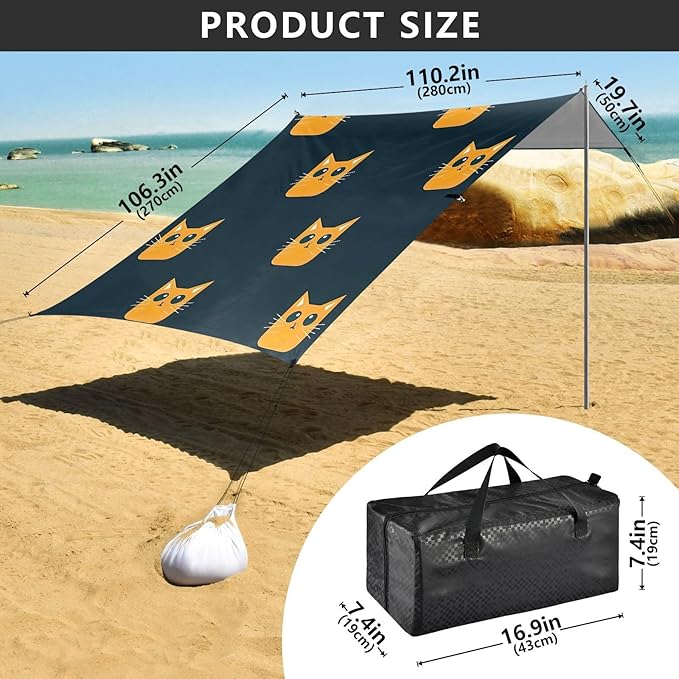 Cute CatCamping Sun Shelters 9.2 x 10.5 FT Beach Canopy Tent Sun Shade with Carrying Bag for Camping Trips Fishing Backyard Fun or Picnics 21341706