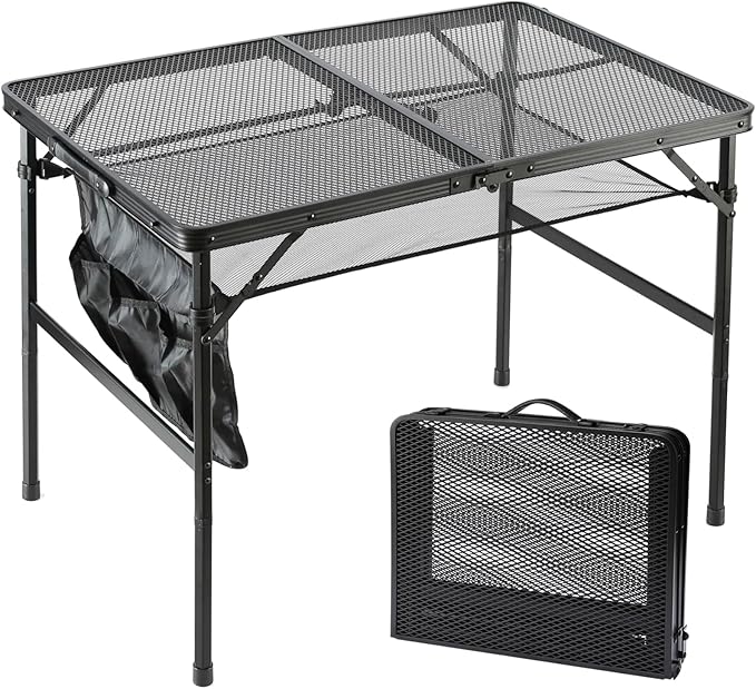 Folding Metal Camping Table with Mesh Layer Portable &amp Lightweight Grill Table for Outdoor 2 Adjustable Heights Metal Mesh Tabletop for Camping Cooking Medium Size (2.95 FT Black)