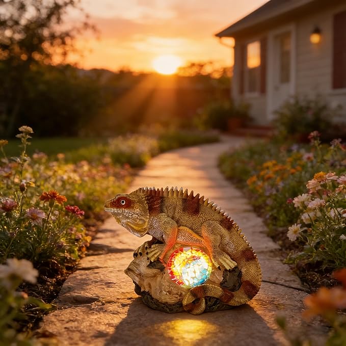 Solar Chameleon Garden Statues Decor for Outdoor Khaki Chameleon Figurine Lights for Lawn Patio Yard Decoration - Unique Christmas Housewarming Gifts for Grandma Wowen Mom