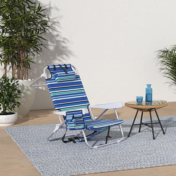 Beach Chairs for Adults Heavy Duty Compact Portable Lay Flat Folding Chair with Backpack Straps and Large Cooler Pouch Support to 350LBS (Stripes_Blue&ampCyan)