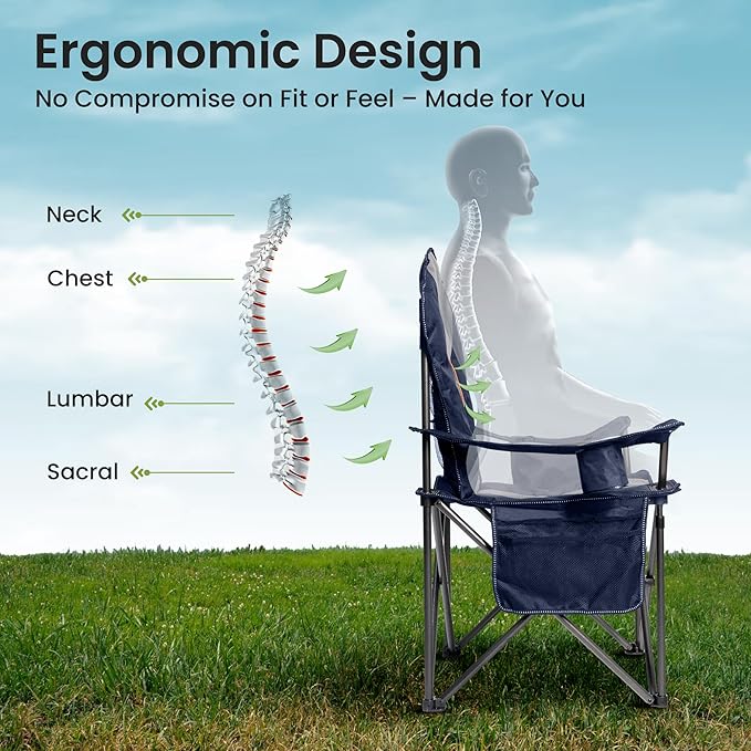 Folding Camping Chairs for Adults - High Back Padded Outdoor Lawn Chairs with Lumbar Support &amp Cup Holder (Blue &amp Gray 1 Pack)