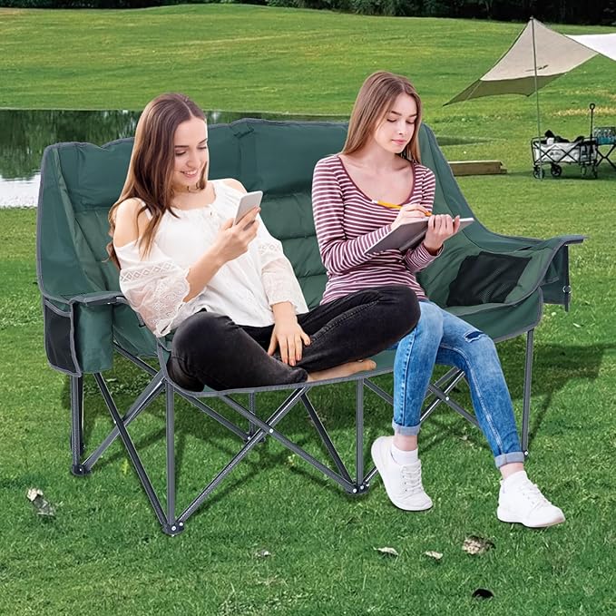 CDEN Double Padded Camping Chair Oversized Folding Loveseat Portable Outdoor Sofa with Cup Holders Carry Bag Cooler Bag Bottle Opener for Camping Picnic Lawn Garden (Green)