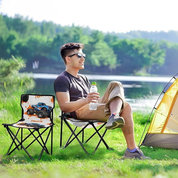 Compact Camping Chair Monsters Truck Pattern Packable Backpacking Ultra Lightweight Includes Carry Bag Lawn Chairs for Outside