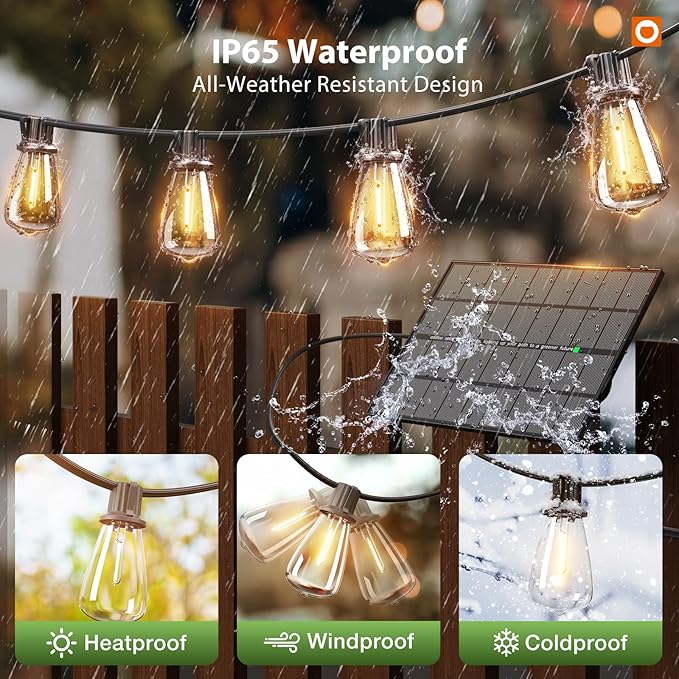 addlon 198FT(192+6) Solar String Lights Outdoor Waterproof 60+4 LED Bulbs Shatterproof Patio Lights with Remote Dimmable &amp Timing Hanging Lights for Garden Backyard Party Wedding Camping Decor